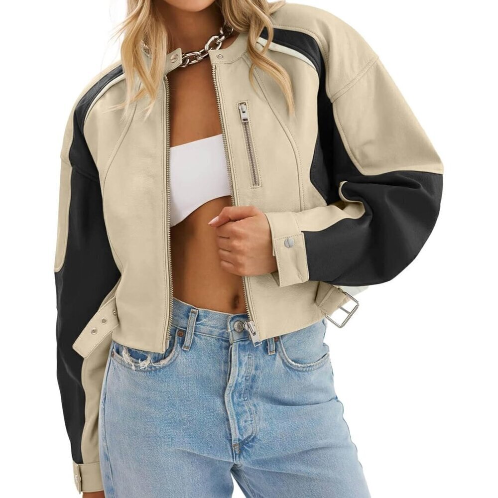 🆕Womens Beige Tankaneo Leather Bomber Jacket Cropped Color Block Fall Casual